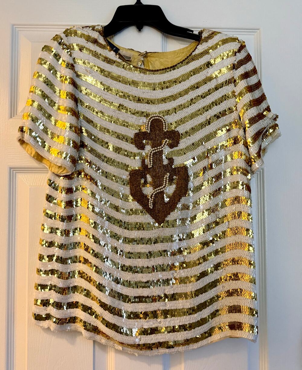 Vintage MODI 100% Silk Gold & White Striped Sequin Anchor Blouse. Size Medium.